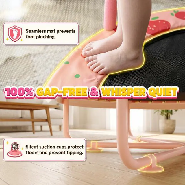 Alt view image 3 of 7 - 60" Indoor Trampoline for Kids, Toddler Trampoline with Enclosure Net & Gymnastics Bar, Safe No-Gap Mini Trampoline for Toddlers 1-3 2-5, Pink Strawberry Jumping Toys Gift