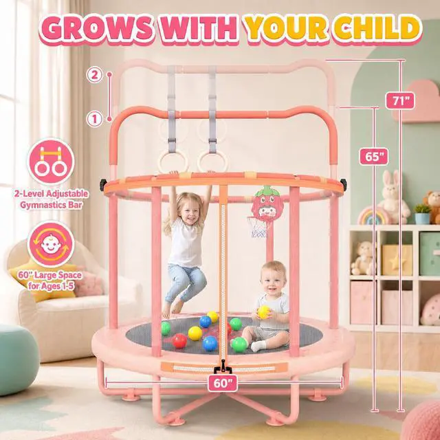 Alt view image 4 of 7 - 60" Indoor Trampoline for Kids, Toddler Trampoline with Enclosure Net & Gymnastics Bar, Safe No-Gap Mini Trampoline for Toddlers 1-3 2-5, Pink Strawberry Jumping Toys Gift