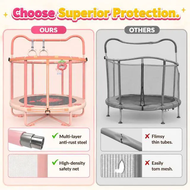 Alt view image 5 of 7 - 60" Indoor Trampoline for Kids, Toddler Trampoline with Enclosure Net & Gymnastics Bar, Safe No-Gap Mini Trampoline for Toddlers 1-3 2-5, Pink Strawberry Jumping Toys Gift