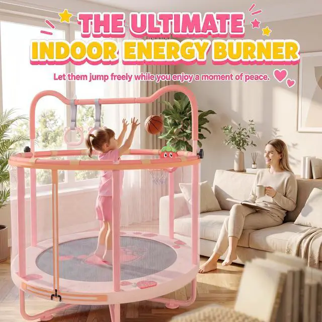 Alt view image 6 of 7 - 60" Indoor Trampoline for Kids, Toddler Trampoline with Enclosure Net & Gymnastics Bar, Safe No-Gap Mini Trampoline for Toddlers 1-3 2-5, Pink Strawberry Jumping Toys Gift