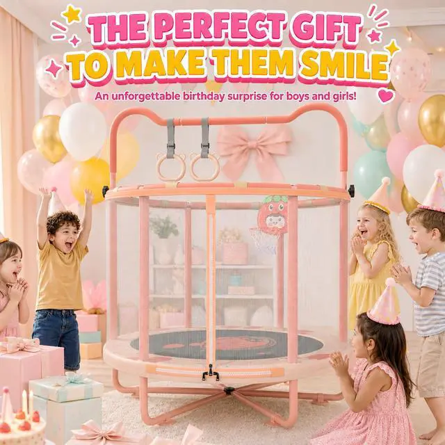 Alt view image 7 of 7 - 60" Indoor Trampoline for Kids, Toddler Trampoline with Enclosure Net & Gymnastics Bar, Safe No-Gap Mini Trampoline for Toddlers 1-3 2-5, Pink Strawberry Jumping Toys Gift