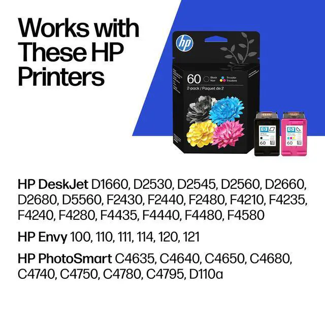 Alt view image 2 of 7 - 60 Black/Tri-Color Ink Cartridges (2-pk) | DeskJet D1660, D2500, D2600, D5560, F2400, F4200, F4400, F4580, Envy 100, OfficeJet J4500, J4680, 4500, PhotoSmart C4600, C4700, D110a | N9H63FN