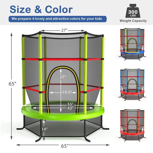 Alt view image 7 of 7 - 55'' Mini Kids Trampoline With Safety Enclosure Net, ASTM Approved, No-Gap Safe Design, Easy to Assemble 4.6 Ft Outdoor Indoor Small Toddler