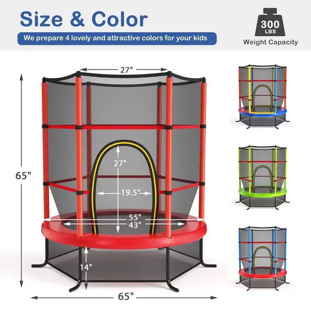 Alt view image 6 of 7 - 55'' Mini Kids Trampoline With Safety Enclosure Net, ASTM Approved, No-Gap Safe Design, Easy to Assemble 4.6 Ft Outdoor Indoor Small Toddler