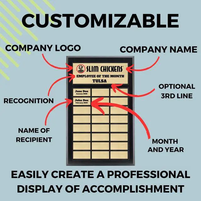 Alt view image 5 of 7 - Custom Perpetual Plaque, Employee of The Month, Salesman of The Month Appreciation Award Gold Plates on Matte Black Pressed Board (24 Plate)
