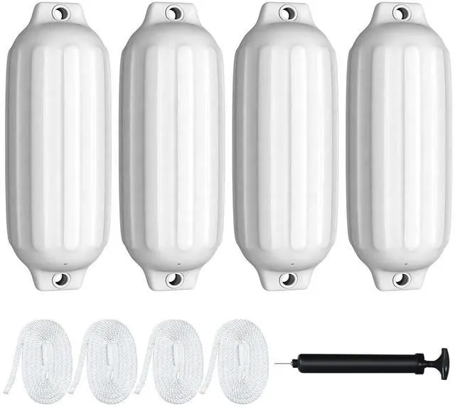 Main image of 4 Pack Marine Boat Fenders, 23 X 6.5/ 27 X 8.5 Ribbed Twin Eyes Boat Fender with 4 Ropes & 1 Air Pump, Various Sizes & Colors, Vinyl Inflatable Boat Bumpers for Docking Pontoon Boats