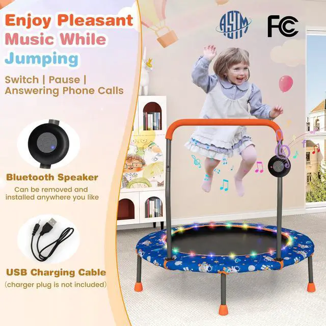 Alt view image 2 of 7 - Trampoline for Kids, 36 Toddler Mini Rebounder with Lights & Music, Removable Blue Tooth Speaker, Handle & Safety Pad, ASTM Approved Indoor Outdoor Small Kids Trampoline