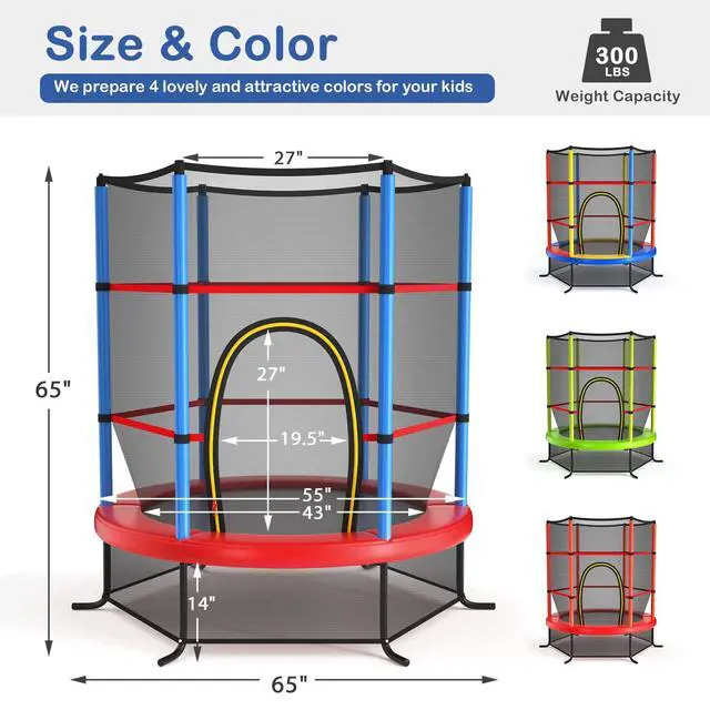 Alt view image 6 of 7 - 55'' Mini Kids Trampoline With Safety Enclosure Net, ASTM Approved, No-Gap Safe Design, Easy to Assemble 4.6 Ft Outdoor Indoor Small Toddler