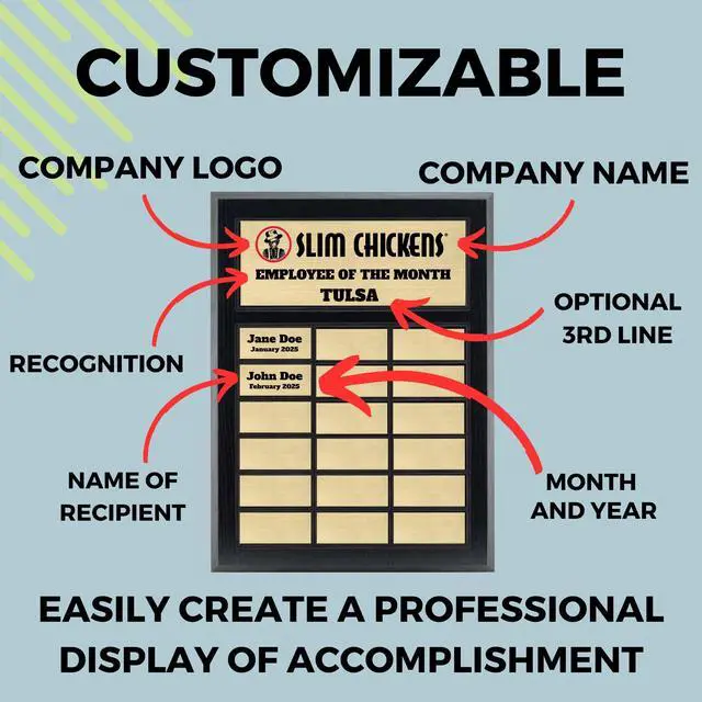 Alt view image 5 of 7 - Custom Perpetual Plaque, Employee of The Month, Salesman of The Month Appreciation Award Gold Plates on Matte Black Pressed Board (18 Plate)