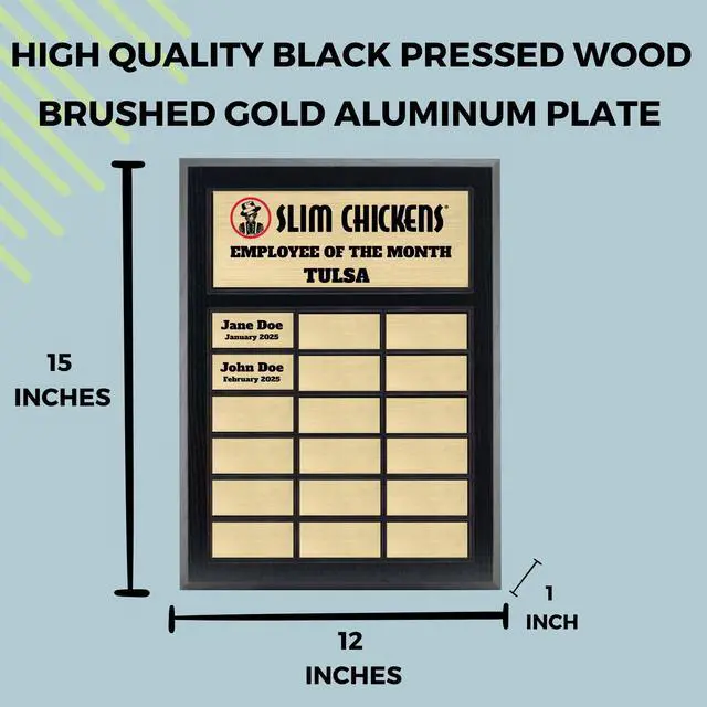 Alt view image 3 of 7 - Custom Perpetual Plaque, Employee of The Month, Salesman of The Month Appreciation Award Gold Plates on Matte Black Pressed Board (18 Plate)