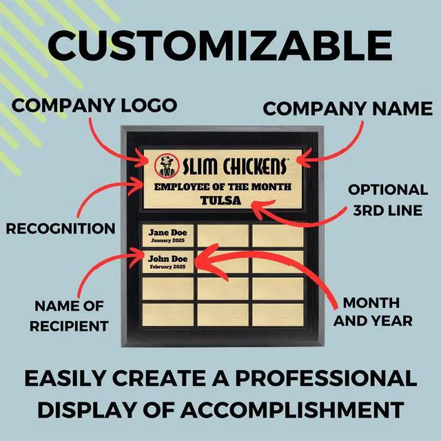 Alt view image 5 of 7 - Custom Perpetual Plaque, Employee of The Month, Salesman of The Month Appreciation Award Gold Plates on Matte Black Pressed Board (12 Plate)
