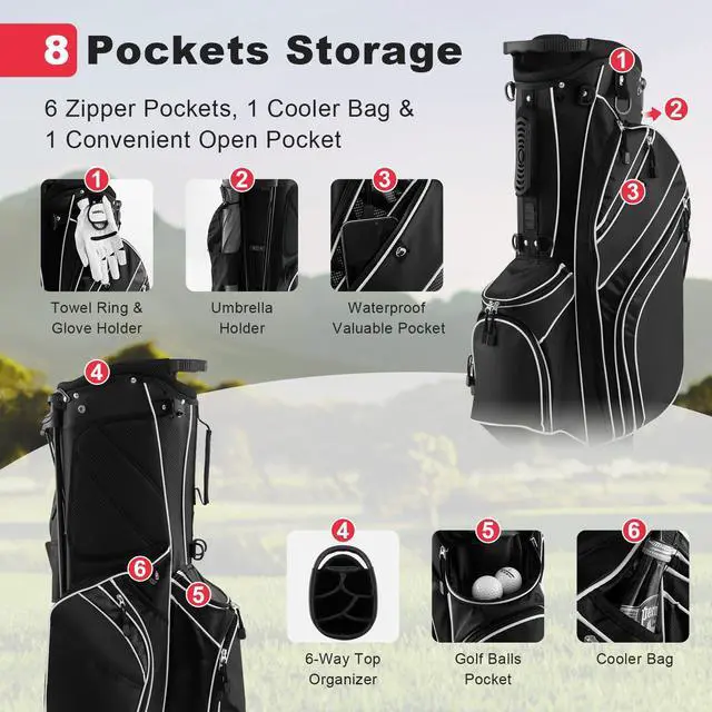 Alt view image 2 of 7 - Golf Stand Bag, 6 Way Divider Golf Club Bag with 8 Pockets, Rain Hood, Umbrella Holder & Glove Sticker, Portable Lightweight Golf Bag for Men Women