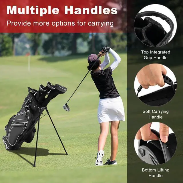 Alt view image 6 of 7 - Golf Stand Bag, 6 Way Divider Golf Club Bag with 8 Pockets, Rain Hood, Umbrella Holder & Glove Sticker, Portable Lightweight Golf Bag for Men Women