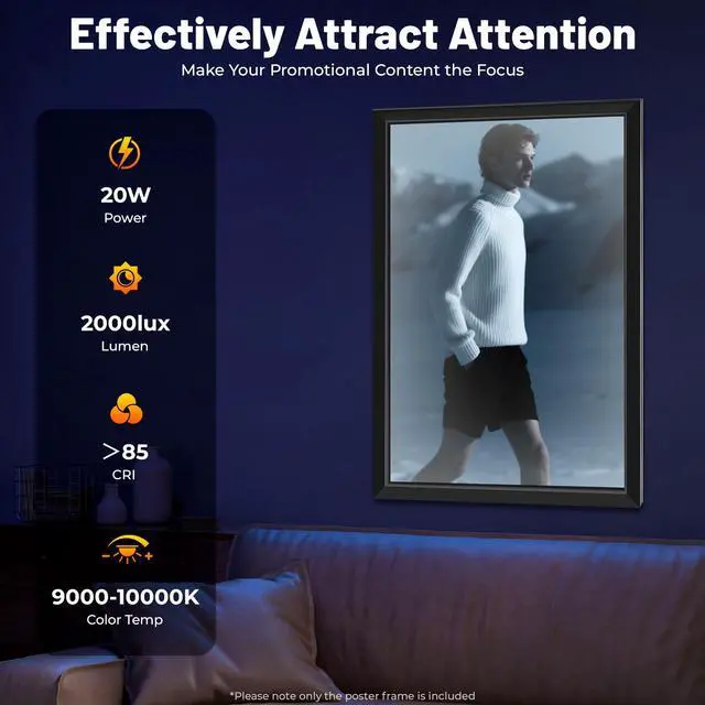 Alt view image 2 of 7 - LED Poster Frame, 24" x 36" LED Backlit Poster Photo Frame Movie Poster Aluminum Alloy Advertisement Signage Light Sign, Wall Mounting, Frame for Movie Poster Advertising Display (Black, 24" x 36")