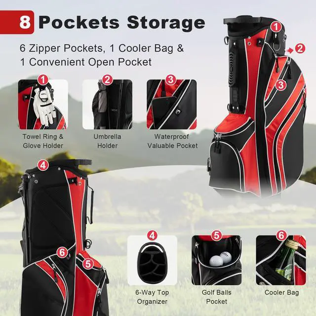Alt view image 2 of 7 - Golf Stand Bag, 6 Way Divider Golf Club Bag with 8 Pockets, Rain Hood, Umbrella Holder & Glove Sticker, Portable Lightweight Golf Bag for Men Women