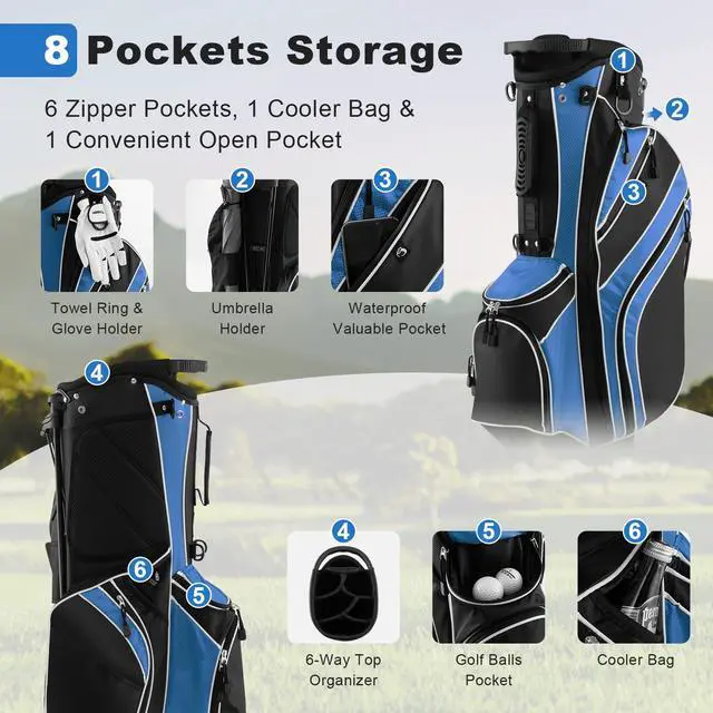 Alt view image 2 of 7 - Golf Stand Bag, 6 Way Divider Golf Club Bag with 8 Pockets, Rain Hood, Umbrella Holder & Glove Sticker, Portable Lightweight Golf Bag for Men Women