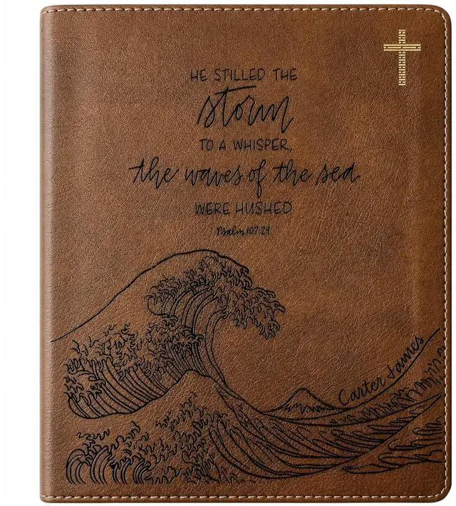 Main image of NIV Journaling Bible | Brown With Gold Cross | He Stilled the Storm - Ocean Waves | Includes Option to add Engraved Name | Personalized and Customizable Gift