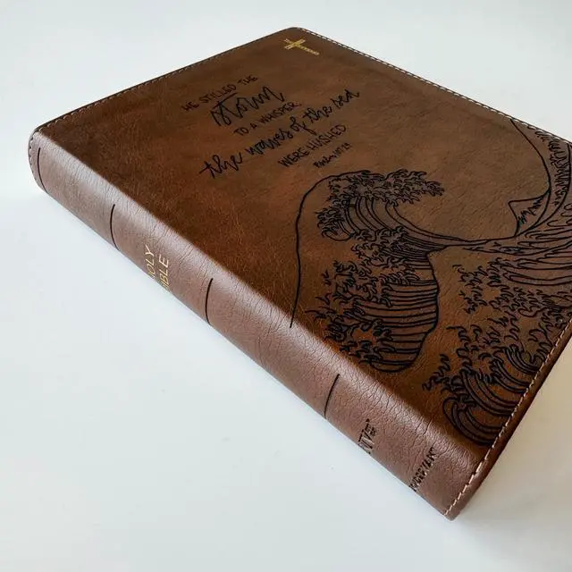 Alt view image 3 of 5 - NIV Journaling Bible | Brown With Gold Cross | He Stilled the Storm - Ocean Waves | Includes Option to add Engraved Name | Personalized and Customizable Gift