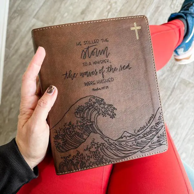Alt view image 2 of 5 - NIV Journaling Bible | Brown With Gold Cross | He Stilled the Storm - Ocean Waves | Includes Option to add Engraved Name | Personalized and Customizable Gift