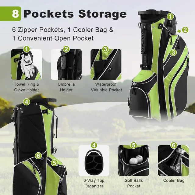 Alt view image 2 of 7 - Golf Stand Bag, 6 Way Divider Golf Club Bag with 8 Pockets, Rain Hood, Umbrella Holder & Glove Sticker, Portable Lightweight Golf Bag for Men Women