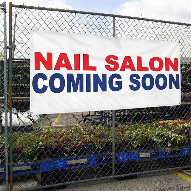 Alt view image 4 of 6 - Vinyl Banner Multiple Sizes Nail Salon Coming Soon Red Blue Business Outdoor Weatherproof Industrial Yard Signs 6 Grommets 36x72Inches