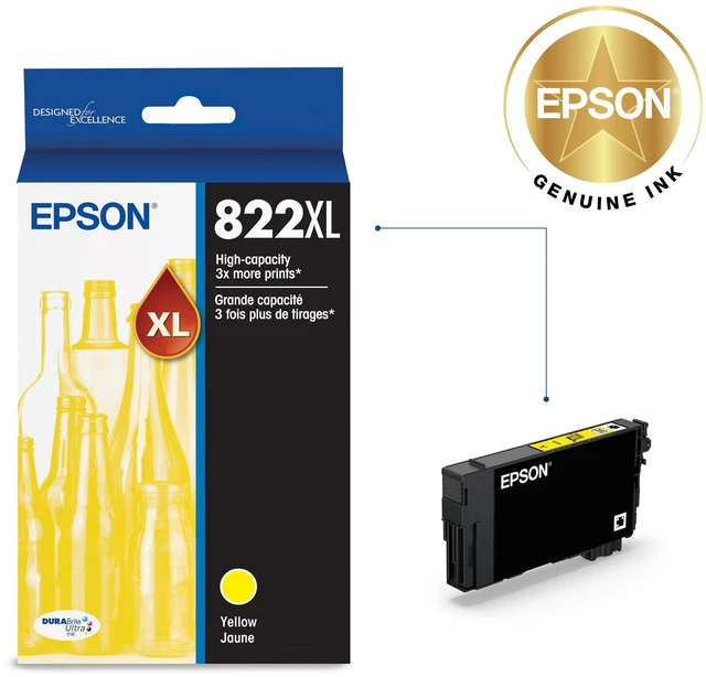 Alt view image 2 of 5 - 822XL Genuine High Capacity Yellow Ink Cartridge T822XL420 Works with WorkForce Pro WF-3820 WF-3823 WF-4820 WF-4830 WF-4833 WF-4834 Printers