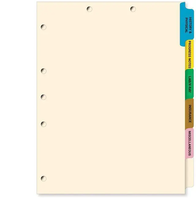 Main image of Stock Medical Chart Dividers, 65 Sets of 6 Popular Healthcare Index Tabs, Side Tab, 9" x 11", File Folder Organizer for Nursing Patient Charts and Medical Records