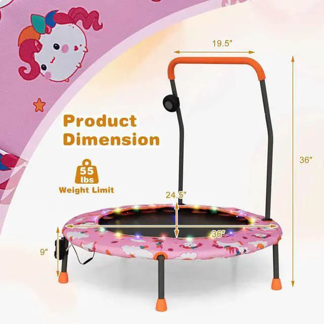 Alt view image 7 of 7 - Trampoline for Kids, 36 Toddler Mini Rebounder with Lights & Music, Removable Blue Tooth Speaker, Handle & Safety Pad, ASTM Approved Indoor Outdoor Small Kids Trampoline
