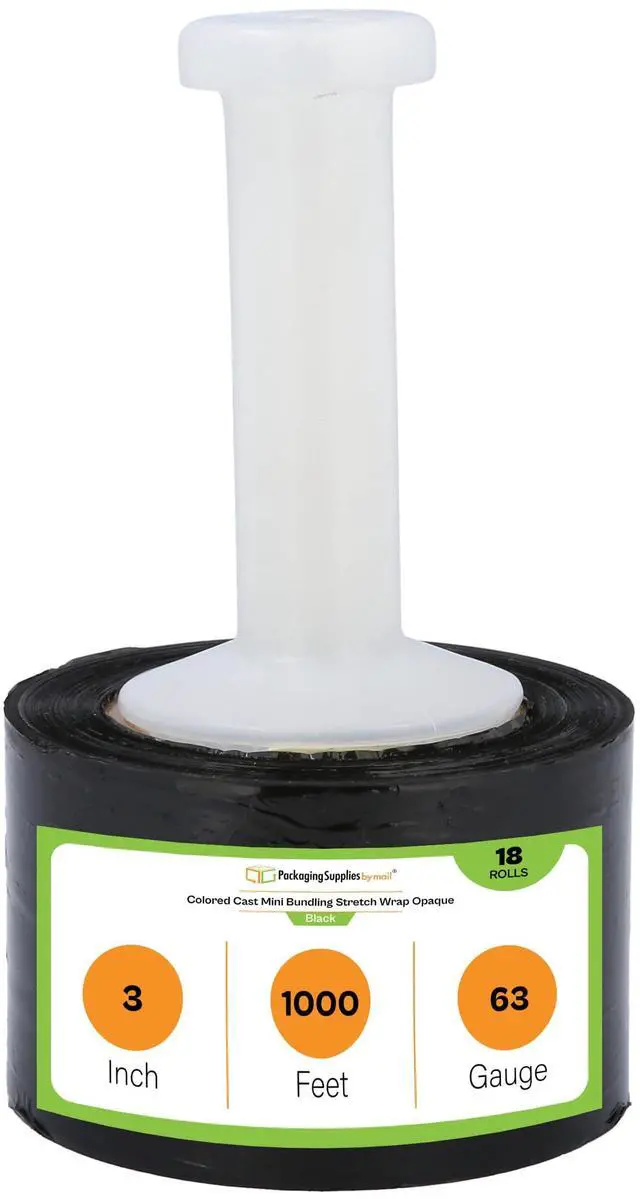 Main image of PSBM 18 Rolls Dark Black 3 Inch x 1000 Feet 63 Gauge Mini Stretch Film/Wrap with Plastic Handle, Industrial Strength Shrink/Plastic Wrap for Moving, Packing, Shipping, Bundling & Storage
