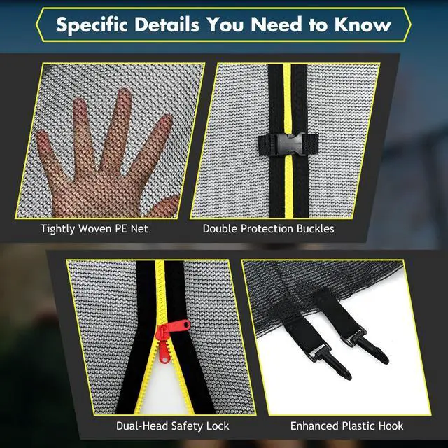 Alt view image 2 of 7 - Trampoline Safety Net, 8 10 12 14 15 16Ft Weather-Resistant Replacement Enclosure Net for Round Frame, with Double-Headed Zippers, Protection Buckles & Enhanced Hook, Poles Not Included