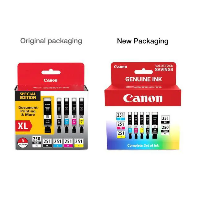 Alt view image 2 of 7 - PGI-250XL/CLI-251 Genuine Five Color Value Pack, Compatible with MG6320, iP7220, MG5420, MX922, MX722, MG7120, MG6420, MG5520, iX6820, iP8720, MG7520, MG6620, and MG5620 (Optional) Printers