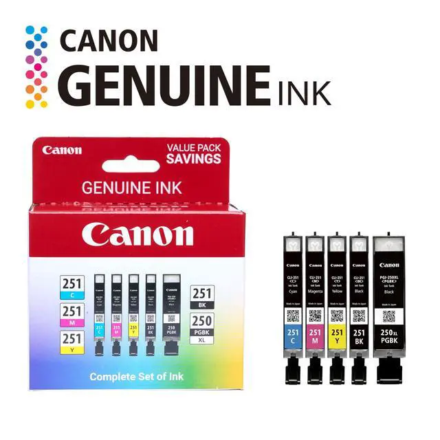 Alt view image 3 of 7 - PGI-250XL/CLI-251 Genuine Five Color Value Pack, Compatible with MG6320, iP7220, MG5420, MX922, MX722, MG7120, MG6420, MG5520, iX6820, iP8720, MG7520, MG6620, and MG5620 (Optional) Printers