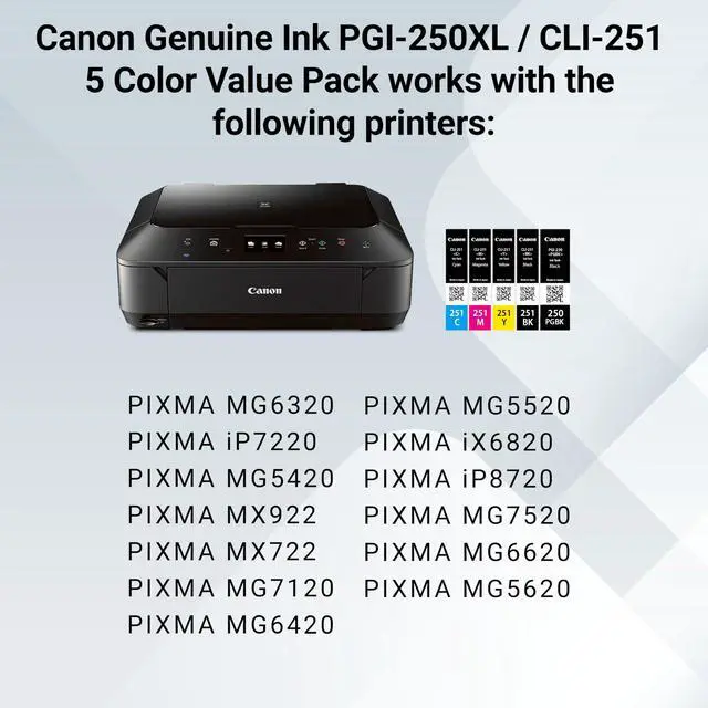 Alt view image 7 of 7 - PGI-250XL/CLI-251 Genuine Five Color Value Pack, Compatible with MG6320, iP7220, MG5420, MX922, MX722, MG7120, MG6420, MG5520, iX6820, iP8720, MG7520, MG6620, and MG5620 (Optional) Printers