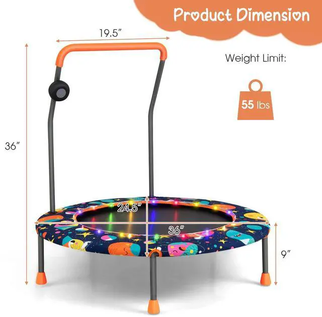 Alt view image 7 of 7 - Trampoline for Kids, 36 Toddler Mini Rebounder with Lights & Music, Removable Blue Tooth Speaker, Handle & Safety Pad, ASTM Approved Indoor Outdoor Small Kids Trampoline