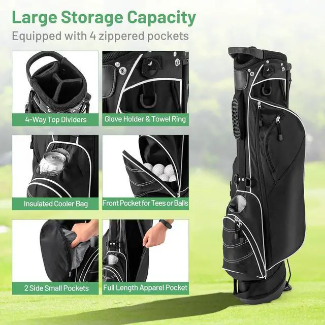 Alt view image 2 of 7 - Golf Stand Bag, Lightweight Golf Club Bag with 4 Way Top Dividers, Rain Hood, Cooler Bag, 4 Zippered Pockets, Dual Shoulder Strap, Portable Golf Bag with Stand for Women Men