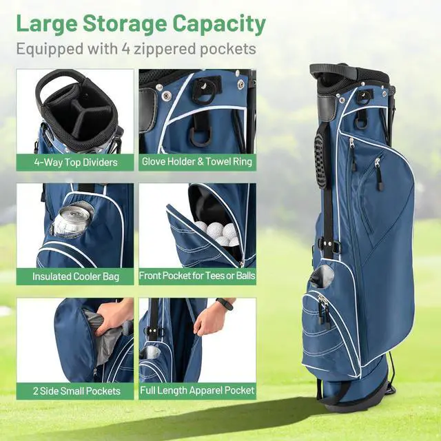 Alt view image 2 of 7 - Golf Stand Bag, Lightweight Golf Club Bag with 4 Way Top Dividers, Rain Hood, Cooler Bag, 4 Zippered Pockets, Dual Shoulder Strap, Portable Golf Bag with Stand for Women Men