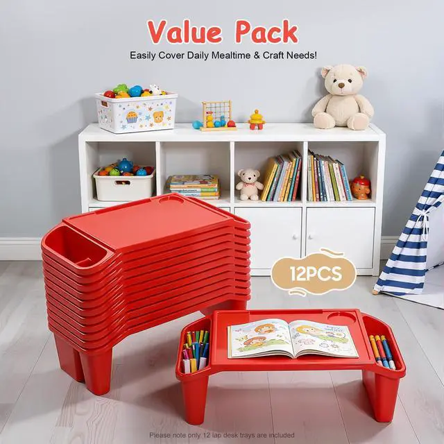 Alt view image 5 of 7 - 12 pcs Kids Lap Desk, Plastic Lap Bed Table with Side Pockets, Portable Breakfast Lap Storage Trays for Writing Eating Game Classroom (Red)
