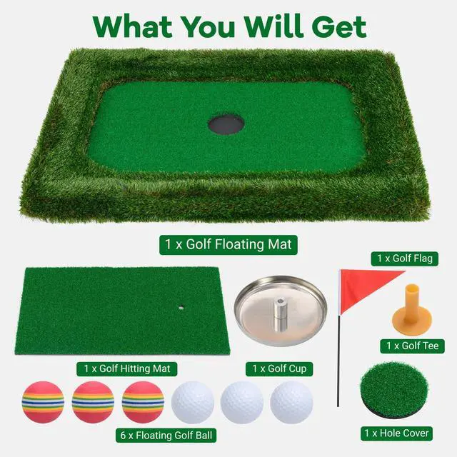 Alt view image 2 of 7 - Floating Golf Green for Pool, Floating Chipping Green Mat w/Hitting Mat, Golf Balls, Flag and Tee for Golf Practice, Golf Putting Mat for Golf Game (Rectangular, 37.5" x 25.5")
