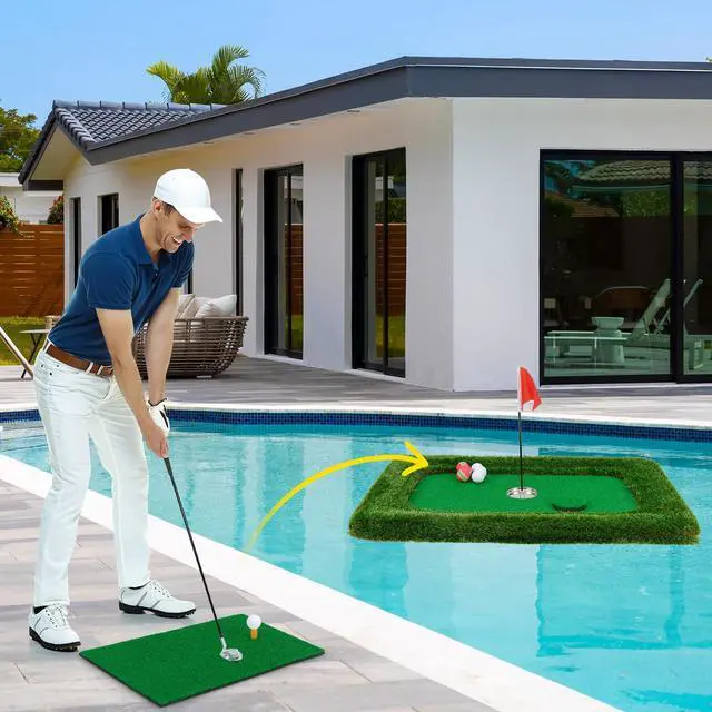 Alt view image 3 of 7 - Floating Golf Green for Pool, Floating Chipping Green Mat w/Hitting Mat, Golf Balls, Flag and Tee for Golf Practice, Golf Putting Mat for Golf Game (Rectangular, 37.5" x 25.5")