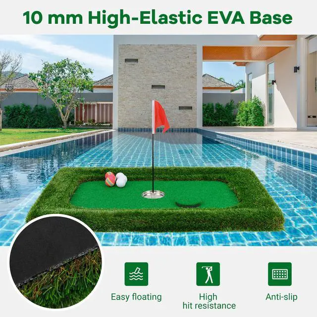 Alt view image 5 of 7 - Floating Golf Green for Pool, Floating Chipping Green Mat w/Hitting Mat, Golf Balls, Flag and Tee for Golf Practice, Golf Putting Mat for Golf Game (Rectangular, 37.5" x 25.5")