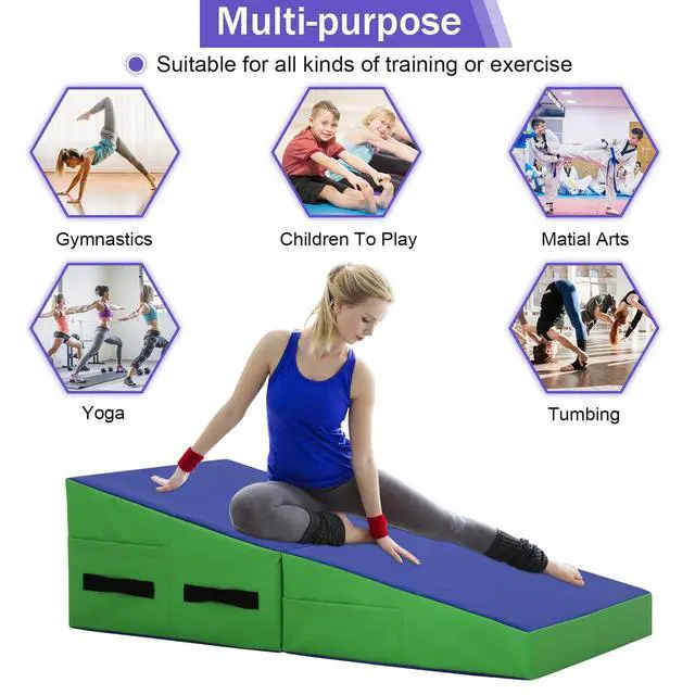 Alt view image 3 of 7 - Gymnastics Mat 34X24X14 Incline Tumbling Mats for Home Gym, Folding Exercise Mat Cheese Wedge Mat with Non-Slip PVC Surface & Handles for Kid Adults Workout