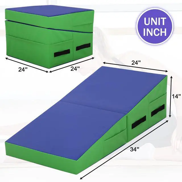 Alt view image 7 of 7 - Gymnastics Mat 34X24X14 Incline Tumbling Mats for Home Gym, Folding Exercise Mat Cheese Wedge Mat with Non-Slip PVC Surface & Handles for Kid Adults Workout