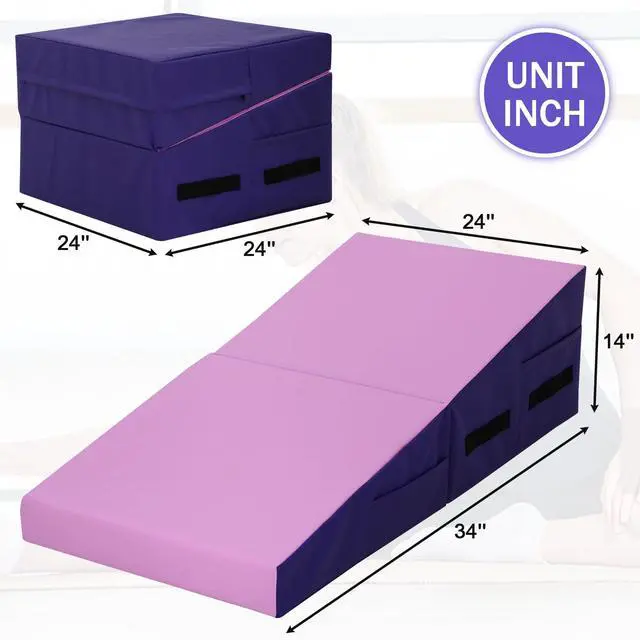 Alt view image 4 of 7 - Gymnastics Mat 34X24X14 Incline Tumbling Mats for Home Gym, Folding Exercise Mat Cheese Wedge Mat with Non-Slip PVC Surface & Handles for Kid Adults Workout