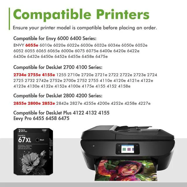 Alt view image 2 of 6 - 67 67XL 2755e Black Ink Cartridges Compatible for HP Deskjet 2855e 2755e | Compatible for HP67 XL Black Ink for HP Deskjet 2700 2800e Envy 6055e 6000 6400 6455e 4255e 4155e 2700e 2852e Printer 2-Pack