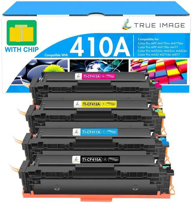 Main image of 410A Toner Cartridge 4 Pack 410X MFP M477fnw M477fdw M477fdn M452dn | Compatible for HP 410A Color LaserJet Pro M477fnw M452dn M452dw M377dw M477 M452 M377 CF410A CF411A CF412A CF413A Printer