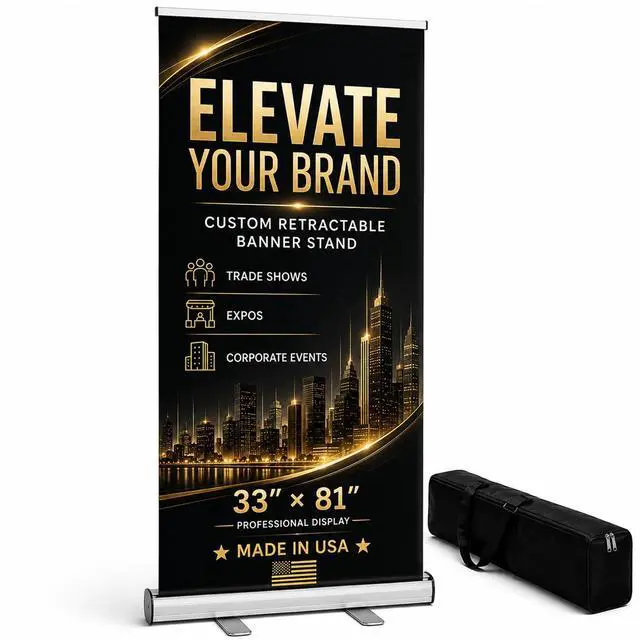 Main image of Custom Retractable Banner with Silver Aluminum Stand, 33" x 81" Personalized Roll Up Banner, Made in USA, Travel Bag Included, Proof Approval Before Printing, 1-Day Production for Trade Shows, Expos
