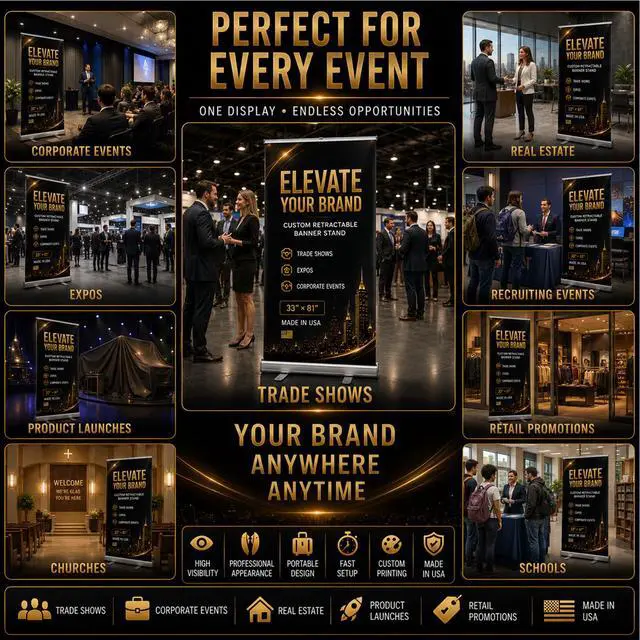 Alt view image 5 of 7 - Custom Retractable Banner with Silver Aluminum Stand, 33" x 81" Personalized Roll Up Banner, Made in USA, Travel Bag Included, Proof Approval Before Printing, 1-Day Production for Trade Shows, Expos