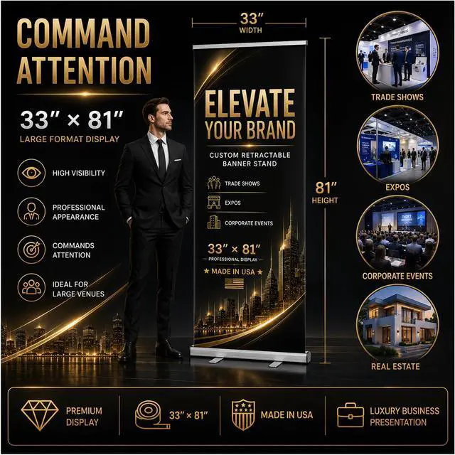 Alt view image 2 of 7 - Custom Retractable Banner with Silver Aluminum Stand, 33" x 81" Personalized Roll Up Banner, Made in USA, Travel Bag Included, Proof Approval Before Printing, 1-Day Production for Trade Shows, Expos