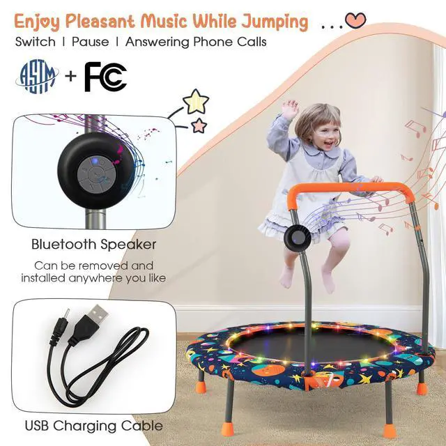 Alt view image 2 of 7 - Trampoline for Kids, 36 Toddler Mini Rebounder with Lights & Music, Removable Blue Tooth Speaker, Handle & Safety Pad, ASTM Approved Indoor Outdoor Small Kids Trampoline