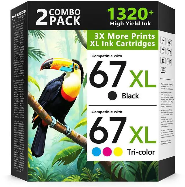 Main image of 67XL Ink Cartridges Black/Color Combo Pack Compatible for HP Ink 67 67XL Printer Ink for DeskJet 4227e 2855e 2827e 2755e 2700e 2800e 4155e 4255e 2734e 4100 for Envy 6055e 6400 6455e(2 Pack)